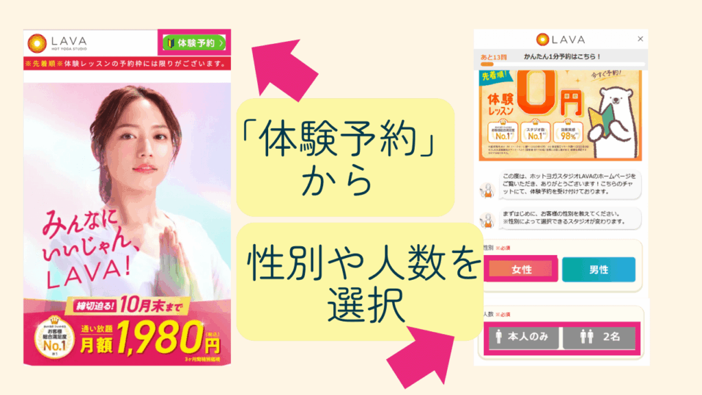 体験予約から、性別や人数を選択